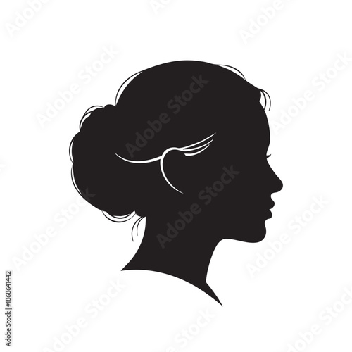 Elegant Silhouette of a Young Woman with Classic Updo Hairstyle and Bun, Side Profile Vector Illustration on White Background