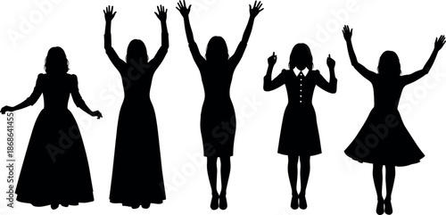 Silhouette collection of diverse women in various dresses standing with arms raised celebrating success, freedom, happiness, and female empowerment together.