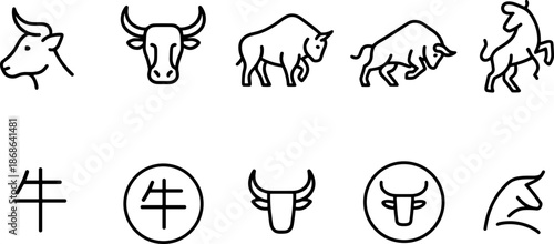Ox zodiac icons set. Chinese New Year 2026 symbol, bull outline vector illustrations