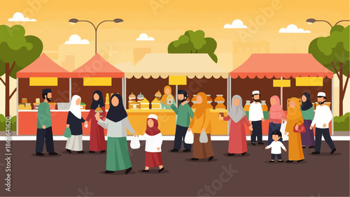 Flat vector illustration depicts Muslims shopping at a Ramadan market during the fasting month, showing daily life, Islamic culture, and the festive atmosphere of Ramadan.