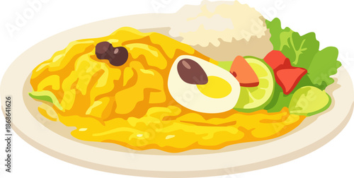 A colorful flat illustration shows a plated omelet-style dish served with rice, a halved egg, cucumber slices, lettuce, and tomato in a clean modern vector style.