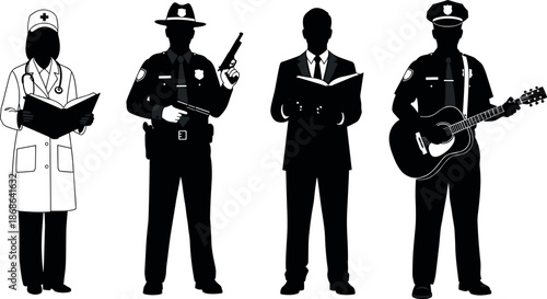 Silhouette Set of Diverse Professionals Including a Doctor Nurse Police Officer with Guns Businessman Reading and a Musician Playing Guitar