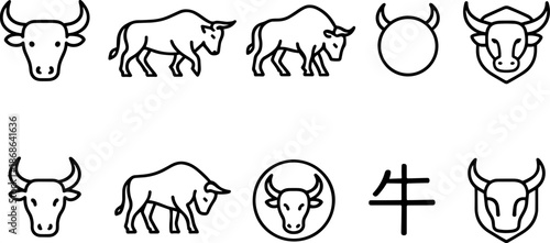 Ox zodiac icons set. Chinese New Year 2026 symbol, bull outline vector illustrations