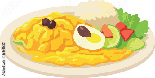 A colorful flat illustration shows a plated omelet-style dish served with rice, a halved egg, cucumber slices, lettuce, and tomato in a clean modern vector style.
