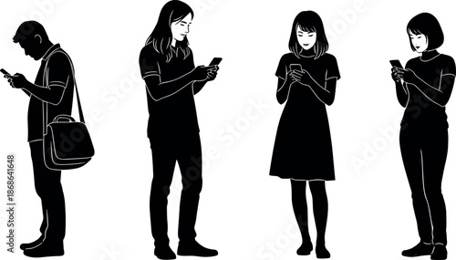 Silhouette vector illustration of diverse young people standing and walking while staring at their mobile phone screens and texting online.
