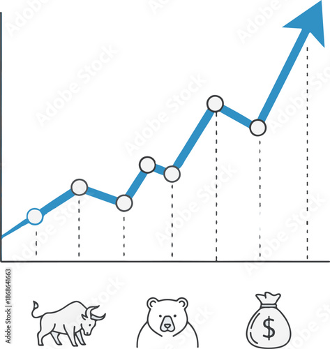 A blue line graph showing upward growth with a large arrow, positioned above minimalist icons of a bull, a bear, and a money bag, representing stock market trends and financial performance.