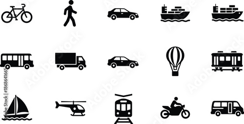 Set of black solid transportation icons featuring bicycle car bus truck airplane helicopter ship and various travel vehicle symbols.