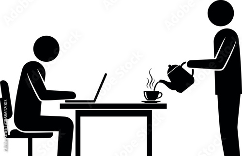 Waiter serving hot coffee or tea to a businessman working on a laptop in a cafe or modern office environment