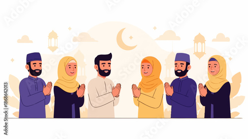 Flat vector of Eid al-Fitr celebration. Happy Eid al-Fitr. Eid al-Fitr greetings among fellow travelers.