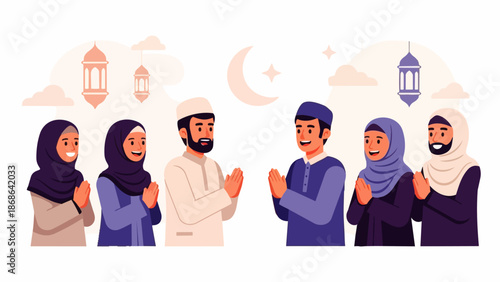 Flat vector of Eid al-Fitr celebration. Happy Eid al-Fitr. Eid al-Fitr greetings among fellow travelers.