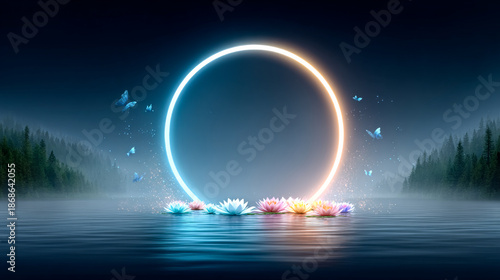 Glow of night lotus flowers. Glowing lotus flowers float on water under a circular light at night with butterflies flying around in the mist.