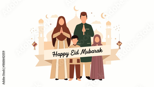 Flat vector illustration of a Muslim family wishing Eid Mubarak, featuring a mosque, ketupat (rice cakes), a crescent moon, and stars. Perfect for festive Eid greetings.