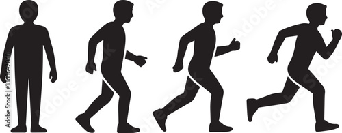 Man stands, walk and run icon set. People symbol. Person standing, walking and running illustration. Run, walk, stand. Vector illustration