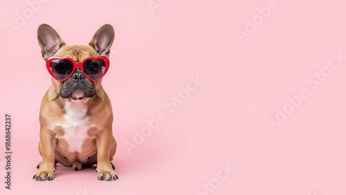 Valentines French Bulldog Puppy Wearing Heart Shaped Sunglasses Copy Space