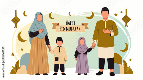 Flat vector illustration of a Muslim family wishing Eid Mubarak, featuring ketupat (rice cakes), a crescent moon, and stars. Perfect for festive Eid greetings.