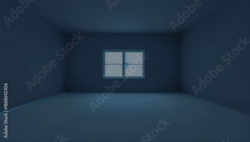 Empty room with single window, dark interior, blue tones, minimalist space