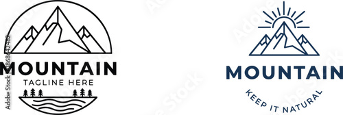 Mountain landscape logo template set with sun rays river and pine trees for outdoor adventure and branding design