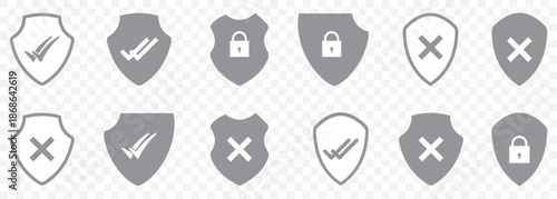 Secure your data with these modern blue shield icons featuring locks and checkmarks, perfect for digital protection and verification needs on Transparent Background EPS 10.