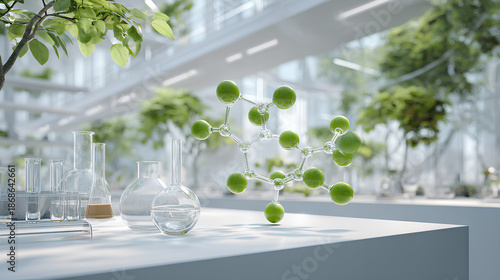 Organic chemistry lab with molecular model of bio based compound floating above glassware and green chemistry tools in clean modern environment  
