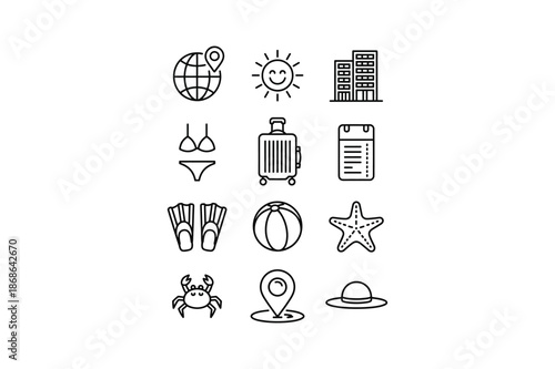 Black line icons for summer vacation and travel on white background beach art