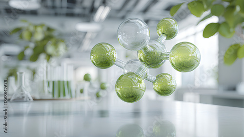Organic chemistry lab with molecular model of bio based compound floating above glassware and green chemistry tools in clean modern environment  
