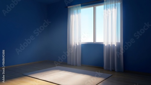 Serene empty room with yoga mat by the window, sunlight streaming through sheer curtains, peaceful atmosphere for meditation and relaxation.