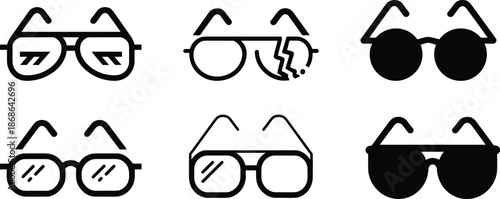 PrintBlack and white eyewear icons set featuring sunglasses eyeglasses broken lens frames and optical accessories for vision care and fashion design.