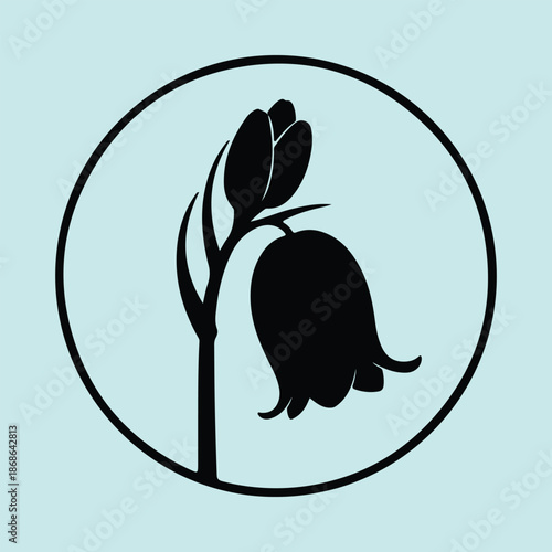Silhouette minimalist bell shaped flower and buds in circular frame vector illustration