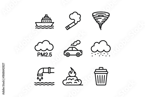 Environmental pollution icons including air water and waste pollution symbols environment ecology car