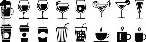 PrintBlack and white vector icon set featuring beer, wine, cocktails, coffee, tea, and soda for restaurant menus and cafe signage