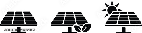 PrintBlack solar panel icons set featuring renewable energy symbols with sun rays and green leaves for sustainable power and environmental technology.