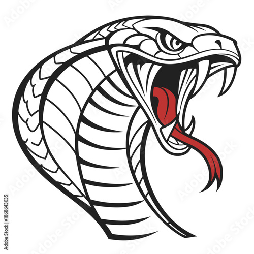 Fierce Cobra Head Illustration with Open Mouth and Flicking Tongue, Symbolizing Danger and Power.