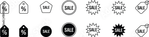 PrintCollection of vector sale icons, discount tags, percentage labels, black shopping badges, promotion stickers, retail symbols for e-commerce marketing design.