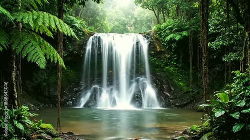 a breathtaking waterfall in a lush green forest environment . use as multipurpose tittle intro, background. product mockup. motion graphics background