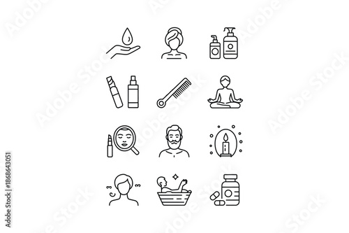 Black line icons depicting various beauty and wellness related objects and activities skincare