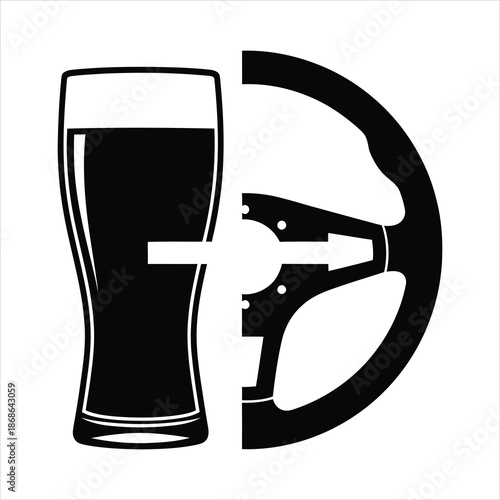 Beer glass crossed with steering wheel negative space silhouette representing drink drive awareness campaign in black and white