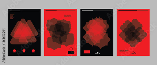 Abstract poster collection featuring layered geometric triangles and dark organic shapes in high-contrast red and black; modern design.