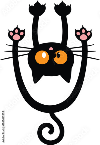 PrintFunny black cat hanging upside down with big orange eyes and pink paws in a cute cartoon vector art style