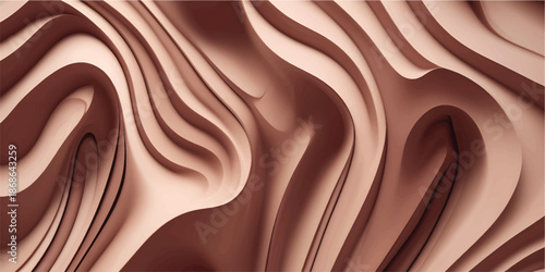 A flowing wave of dark melted chocolate creates a shiny liquid texture with silk swirls and satin patterns against a clean white background for a sweet dessert food design