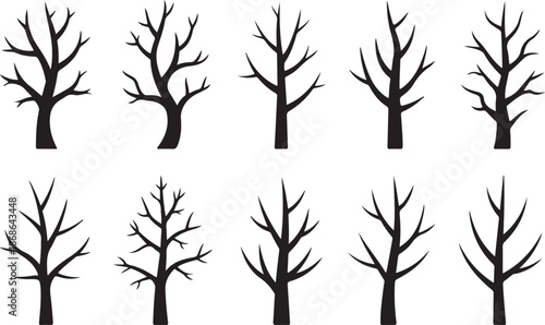 Naked trees silhouettes set. Hand drawn isolated illustrations