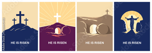 The Resurrection of Christ poster set with resurrection symbols: crosses on the hill, empty tomb and risen Jesus. Minimal flat vector illustrations with “He Is Risen” message for Easter faith designs.