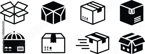 PrintSet of black shipping box icons, vector cardboard package delivery collection, open and closed carton symbols for logistics and storage.