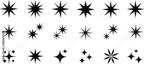 PrintSet of black star icons, sparkle vector symbols, glowing twinkle shapes, glitter decorative elements, night sky bursts for magic design,