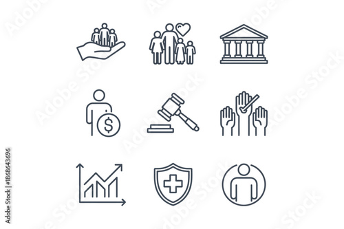 Set of nine line icons related to business, finance, law, and healthcare business