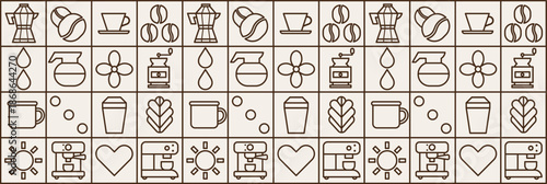 Geometric coffee bakery mosaic with  contour and coffeemaker outline.