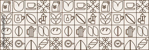 Abstract cafe mosaic with  coffee and tea bakery line pattern.