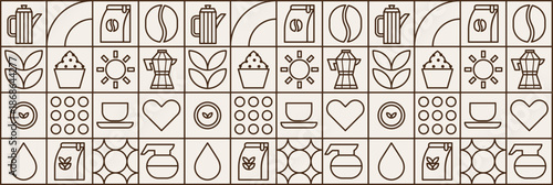 Style coffee outline with geometric bakery mosaic pattern.