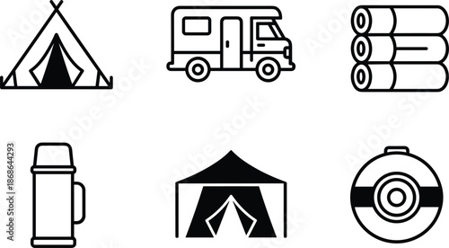 Outdoor camping icon set with tourist tent camper van sleeping mats thermos flask canopy and portable camping stove
