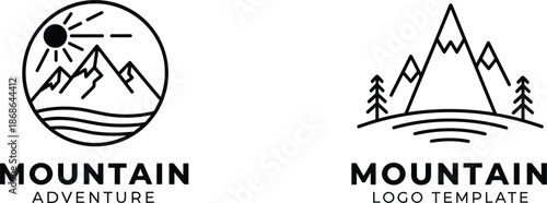 Mountain adventure logo template set featuring circular badges with sun rays river and pine forest for outdoor branding