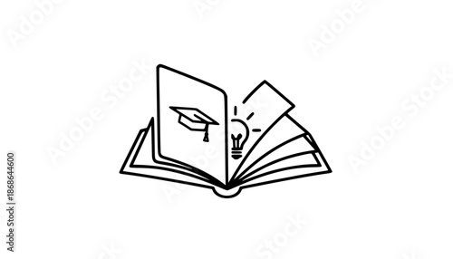 An open book with a graduation cap on one page and a lightbulb on the other symbolizing education and innovation on a white background with learning and knowledge and idea and inspiration with line